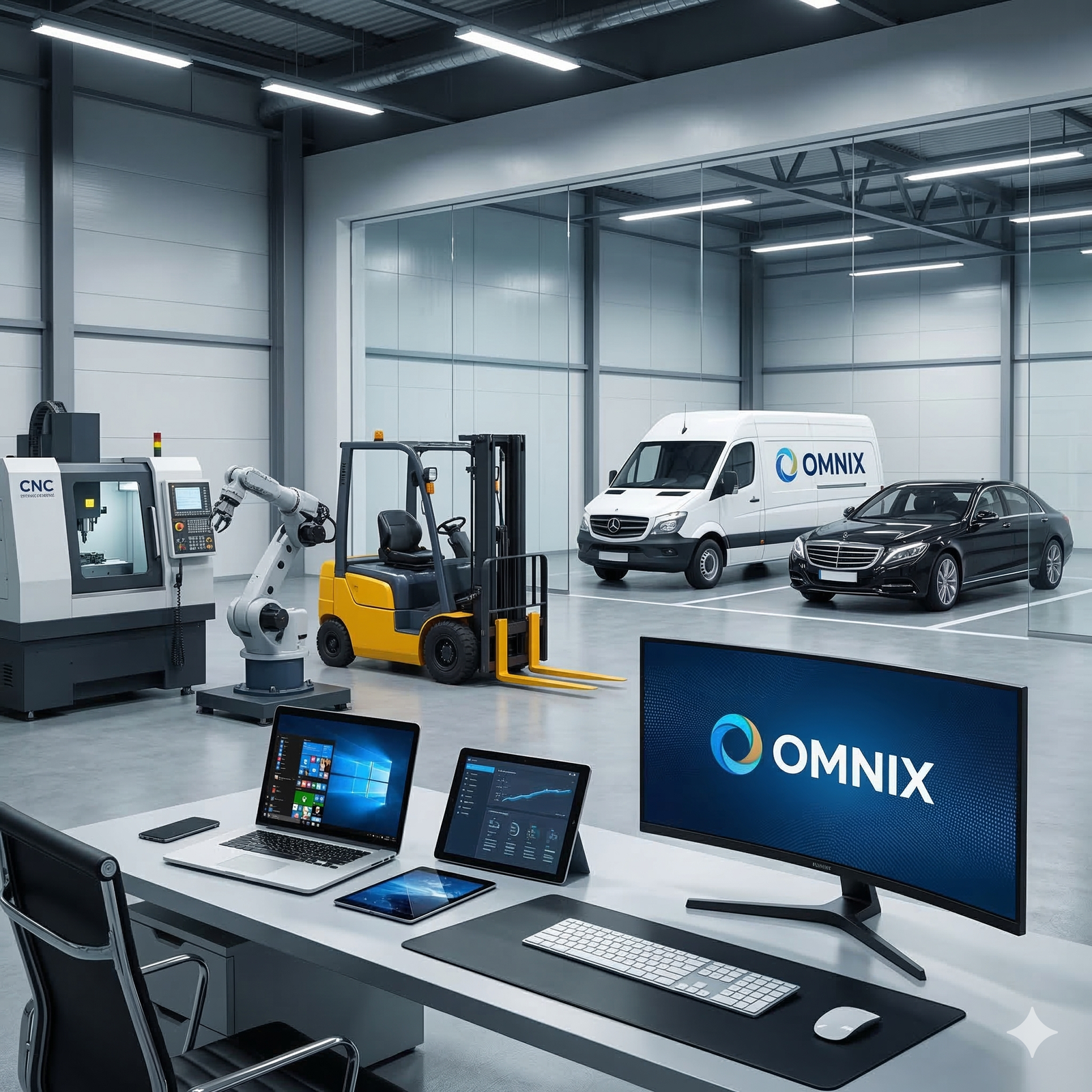 Equipos de oficina, tecnología y automatización industrial en instalaciones de empresa